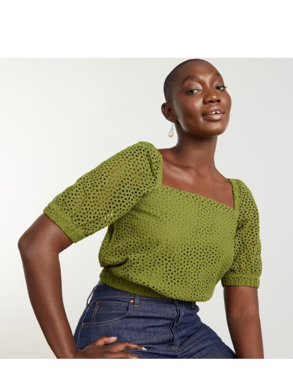 Everlane The Eyelet Puff Sleeve Top in moss green S